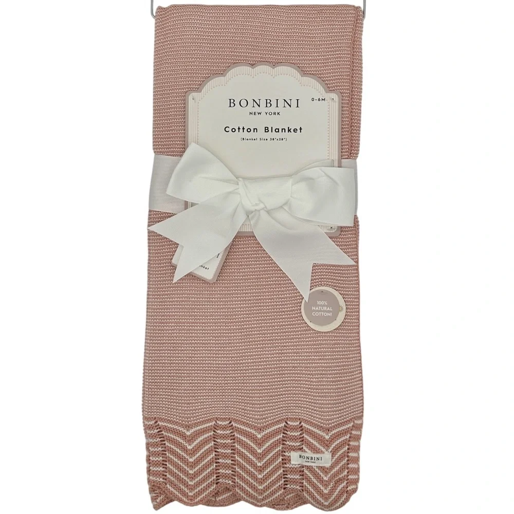 BONBINI Pink Natural Cotton Baby Blanket | Scalloped Edge | Baby Shower Gift